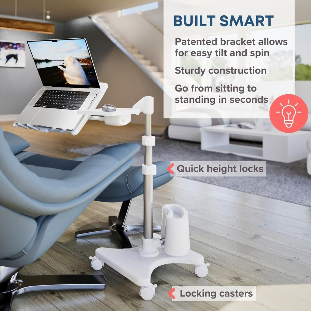 LEVO G2 Deluxe Rolling Laptop Stand with Mouse Tray, Silver & White - Image 2