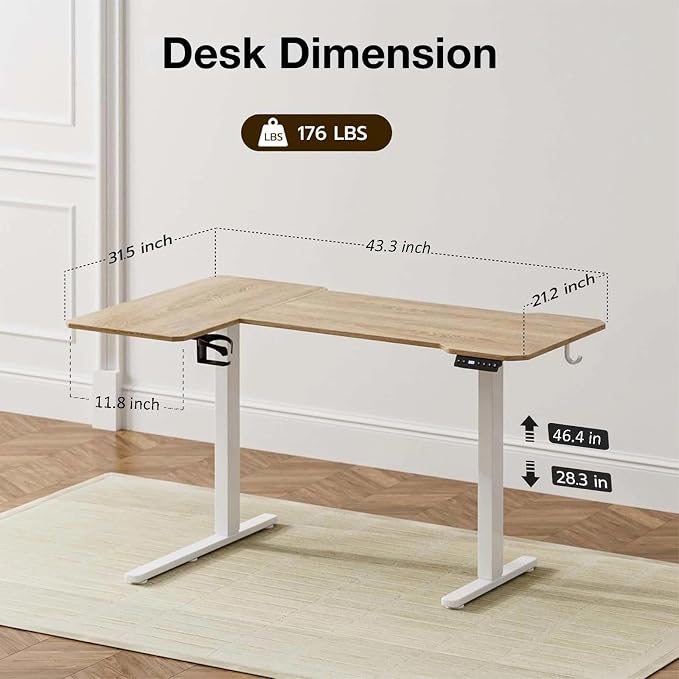 L Shaped Electric Standing Desk - 43x31.5 Inch Reversible Corner Sit Stand Desk with Hook&Cup Holder,Electric Height Adjustable Table,for Small Home Office&Bedroom Computer Desk, Oak - Image 3