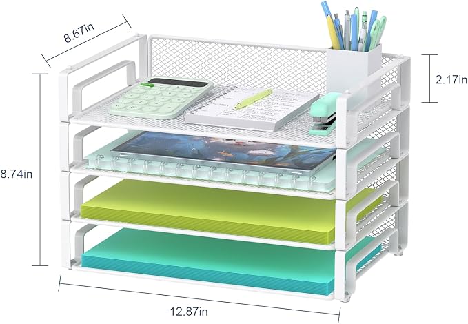 Samstar 4 Pack White Stackable Letter Paper Tray, Desk File Organizer Paper Sorter for Letter/A4 Size Folders Documents, Mesh Made,White - Image 2
