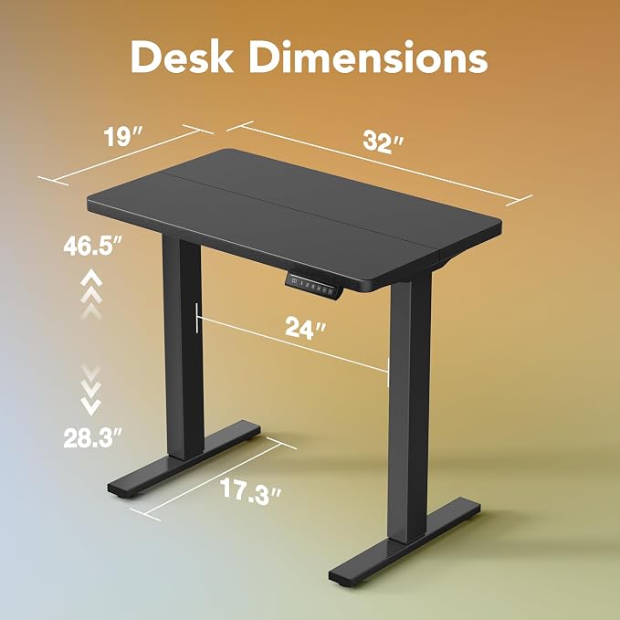 HUANUO 32x19 Inch Small Electric Standing Desk, Adjustable, Black | 176 Lbs Capacity, Rounded Corners, Wheel-Ready Feet, Compact Desktop, Apartment Workspace, 28.3–46.5 Inch Height Range - Image 2