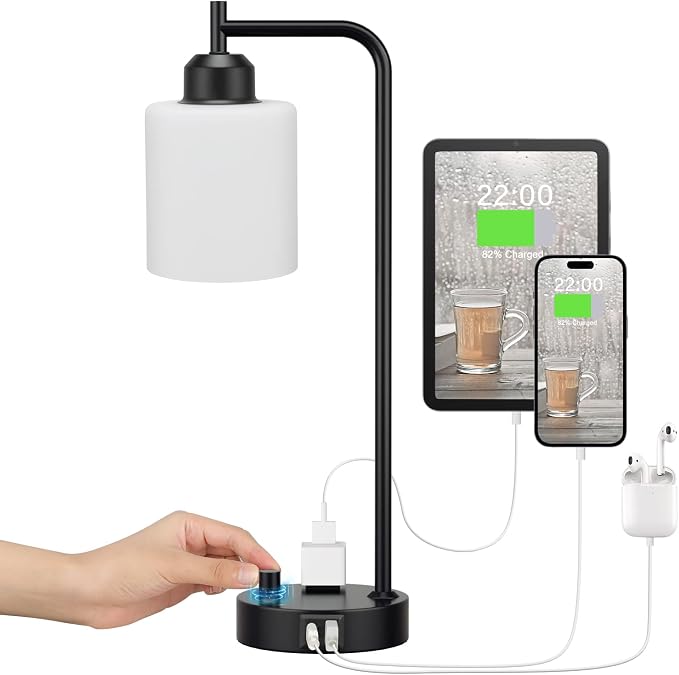 Industrial Bedroom Table Lamps for Bedside - White Opal Glass Shade Desk Lamps with USB C Port, Fully Dimmable Black Lamps with USB Port and Outlet, Reading Nightstand Lamp for Office Living Room - Image 8