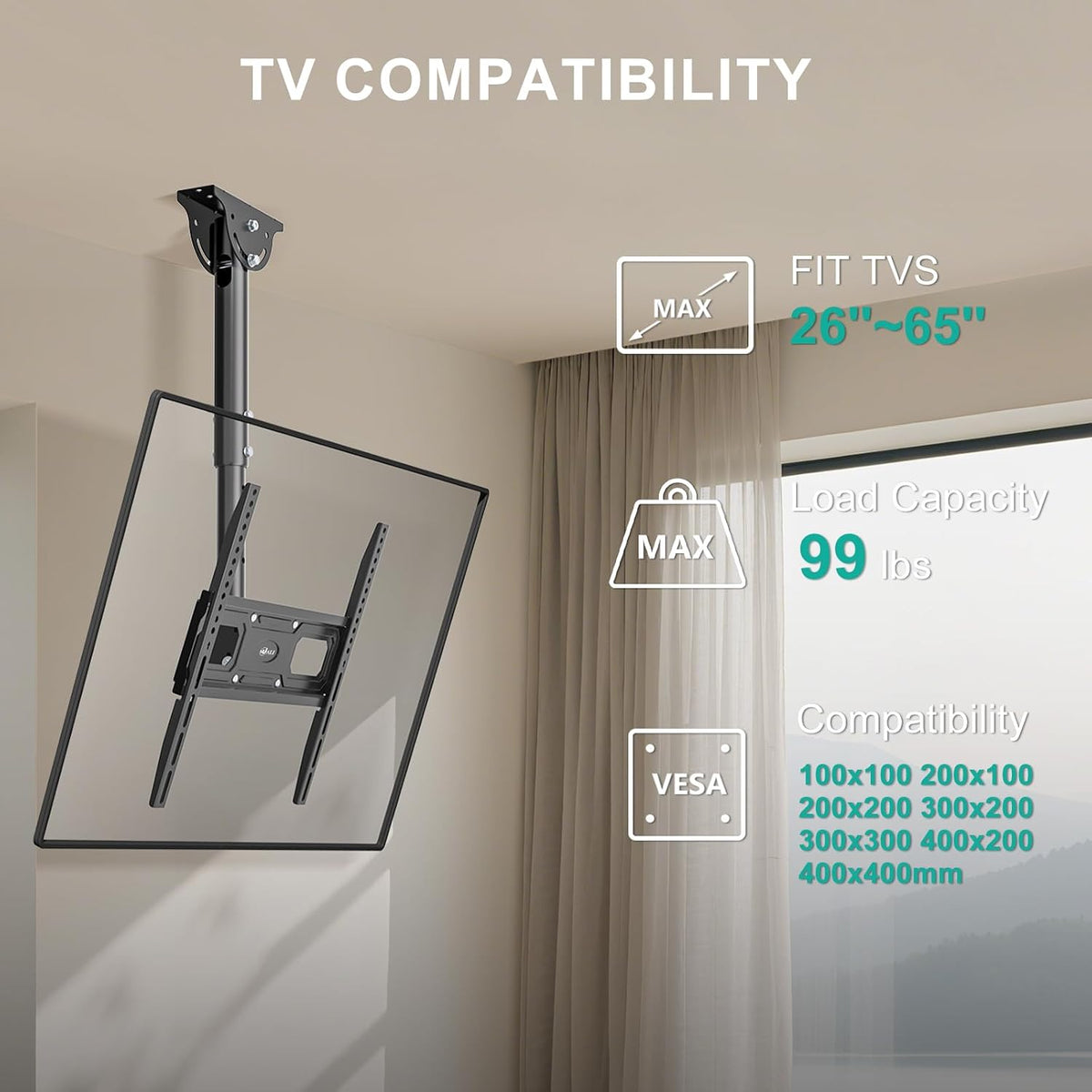 WALI Ceiling TV Mount for Most 26-65 inch LCD LED OLED 4K TVs, up to 99 lbs - Image 2