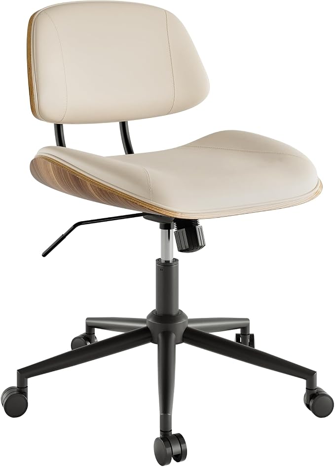 Armless Office Chair with Wheels, PU Leather Desk Chair, Beige | Adjustable Height Task Chair, 360° Swivel Ergonomic Computer Chair for Small Space, Modern Walnut Style, Home & Meeting Room - Image 8