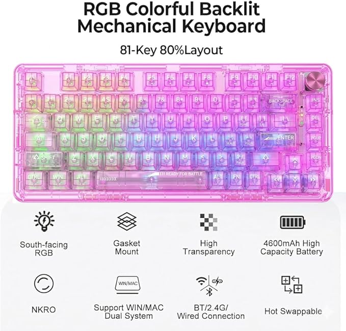 RisoPhy Wireless Mechanical Gaming Keyboard, Tri-Mode, RGB Backlit, Pink | Bluetooth/Wireless/Wired, Transparent Keyboard Clear, 81-Key Hot-Swappable Anti-Ghosting Compatible for Computer, PC/Mac - Image 2