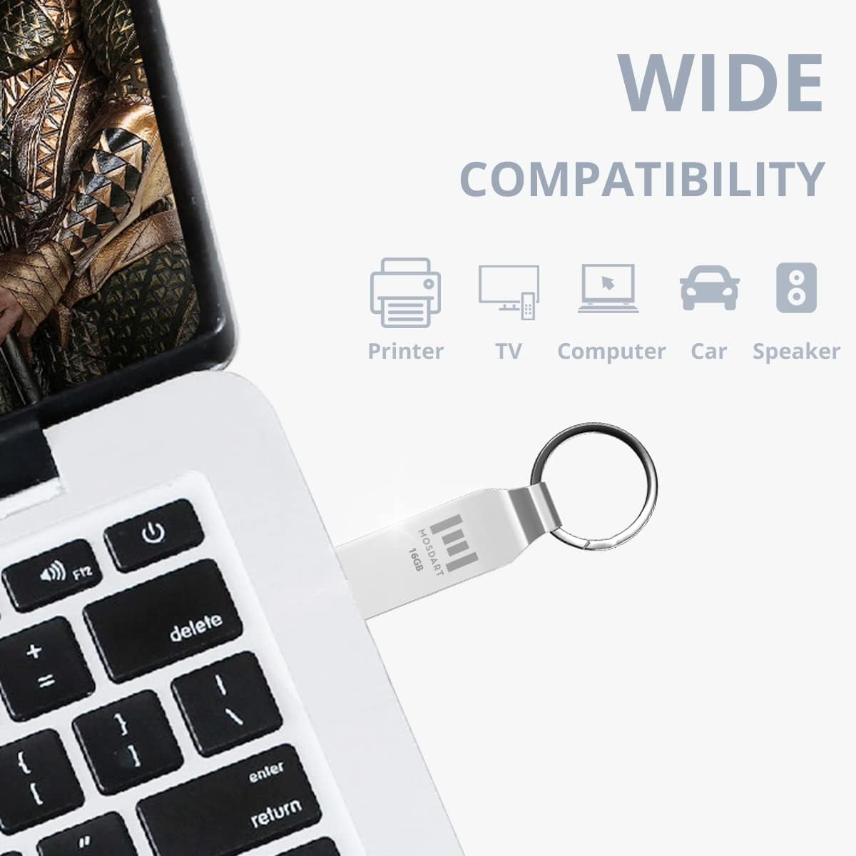 MOSDART 16GB Metal USB 2.0 Flash Drive Waterproof with Keychain, Silver - Image 6