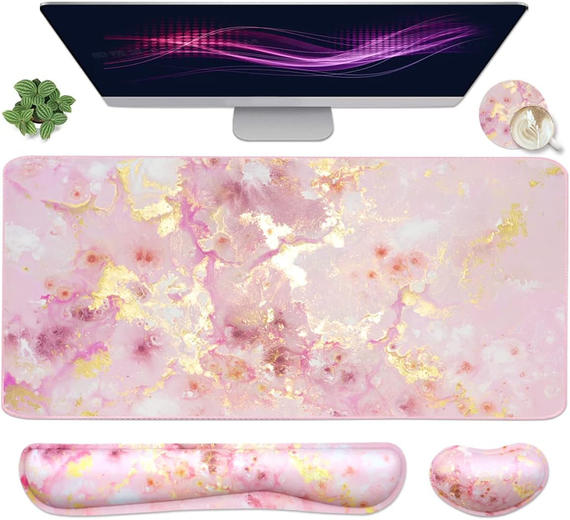 Large Mouse Pad and Keyboard Wrist Rest, Desk Pad for Keyboard and Mouse, 4-in-1 Large Gaming Mouse Pad with Wrist Support, Non-Slip Desk Mat for Home Office Study Game-Pink Gold Marble by Yunoble