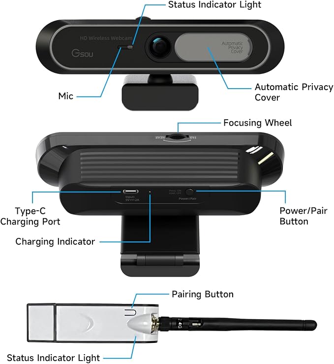 Gsou Wireless Webcam 1080P Full HD with Auto Electric Privacy Cover -2.4G Rechargeable Wireless Computer Camera with Manual Focus Ring, Half-Day Battery Life, Webcam for Streaming, Teams, Zoom, PC/Mac - Image 9