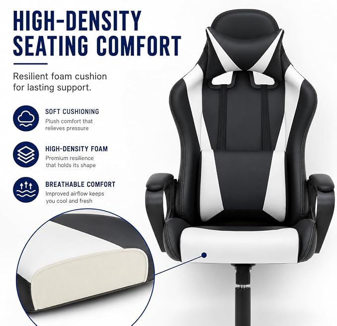 BestOffice High-Back Gaming Chair PC Office Chair Computer Racing Chair PU Desk Task Chair Ergonomic Executive Swivel Rolling Chair with Lumbar Support for Back Pain Women, Men,White - Image 7
