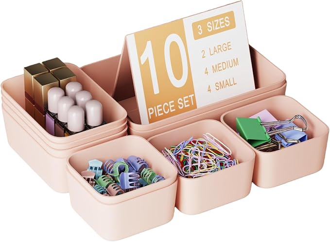 Drawer Organizers Bins 10 PCS for Bathroom Makeup Desk Office | with Non-slip Pads, 3 Sizes, Plastic Tray, Vanity Organizer, Kitchen Utensils Organizer by Homhut