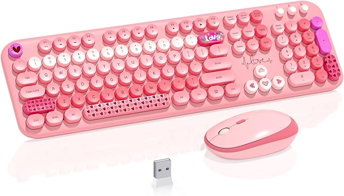Wireless Keyboard Mouse,104 Full Size Cute Colorful Keyboard and Mouse with Retro Typewriter for PC/Mac/Laptop/Tablet/Computer/Windows/Microsoft, Pink | With Retro Keycaps for PC Mac Laptop Tablet Computer Windows Microsoft Wireless Keyborad Mouse by Unknown