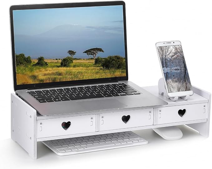 Tofficu Computer Monitor Riser with Drawer White Desk Shelf for Monitor and Keyboard Storage Rack Office Desk Organizer for Laptop Stand Riser for Home Office by Tofficu