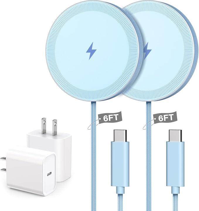 6FT Magnetic Wireless Charger Charging Pad - 15W Fast Phone Charger for Apple iPhone 17 16 15 14 13 12 Series & AirPods 4 3 2 Pro, Phone Charging Pad with Plug for Desk & Travel, 2Pack Blue by WAYLITEWirelessCharger