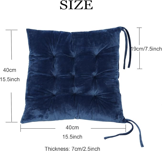 2 Pack Square Seat Cushion Chair Pads for Kitchen Dining Chairs, Soft Comfort Velvet Chair Mat Pillow Cushions with Ties for Office Desk Living Room Tatami 15.5", Blue - Image 2