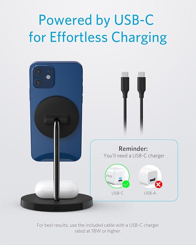 Anker PowerWave 2-in-1 MagSafe Compatible Wireless Charging Stand | Magnetic Dual-Device Dock Lite for iPhone 16 / 15 / 14 / 13 Series, AirPods 2 / Pro, and More (Adapter Not Included) - Image 6