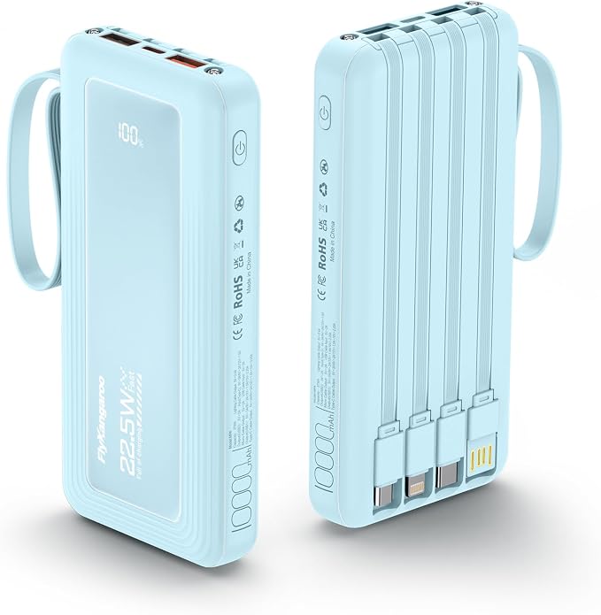 Portable Charger 10000mAh 22.5W Power Bank | Built in 4 Cables, Slim, Fast Charging, USB C LED Display, 6 Outputs & 2 Inputs, Flashlight by FlyKangaroo