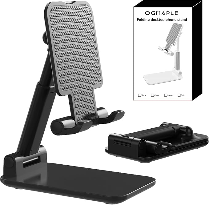 Phone Stand for Desk Cell Phone Holder Stands for iPhones, Black | Mini, Cute, Portable, Fully Foldable, Under 8" Devices, All Smart phones, Office Accessories by OGMAPLE