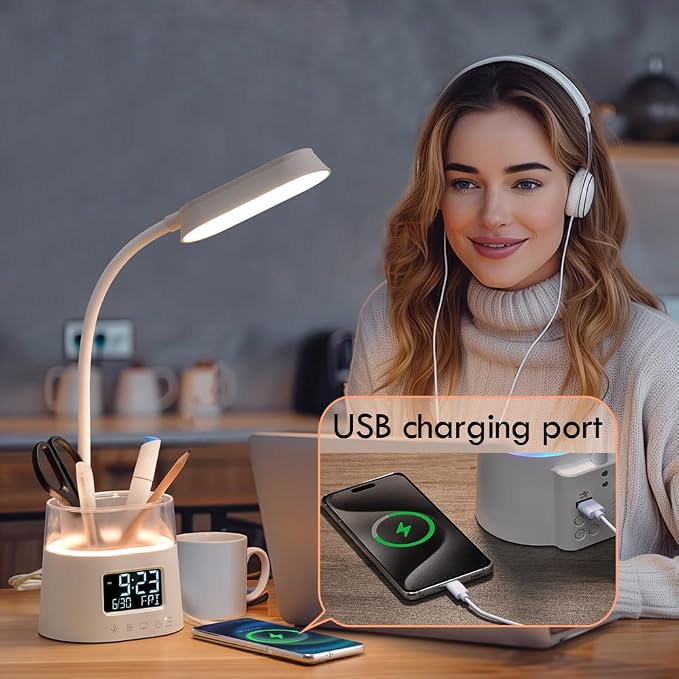 WILIT LED Desk Lamp for Home Office with Pen Holder, RGB Night Light, White | Table Lamp for Bedroom with USB Charging Port & Clock, Study Lamp for Kids Girls, Desk Light for College Dorm Room Essentials - Image 8
