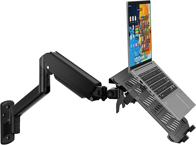 WALI Laptop Wall Mount for 17" Notebook and Up to 32" Screen | Full Motion Adjustable Monitor Wall Arm with Laptop Tray, VESA 75x75/100x100mm, Up to 15.4-22 Lbs (GSWM001LP), Black by WALI