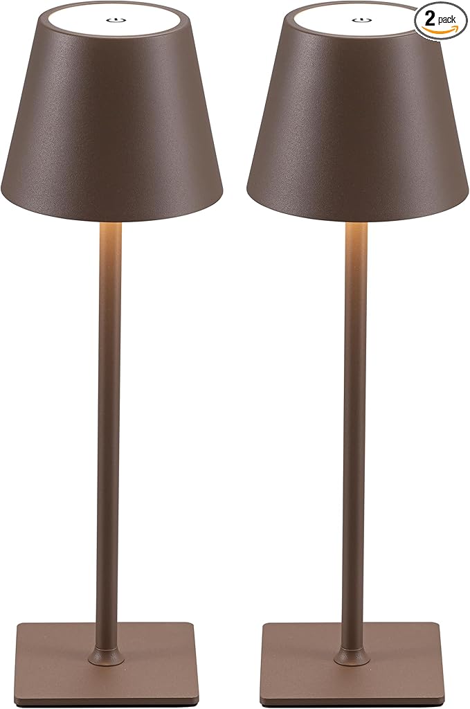 KDG 2 Pack Cordless Brown Table Lamps, Rechargeable Portable LED Desk Lamps | 4000mAh Battery Operated 3 Color Stepless Dimming Up for Restaurant, Bedroom, Outdoor Party, Camping, Coffee Shop, Nightlight by KDG