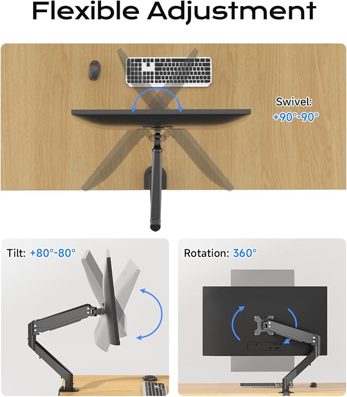 Pholiten Single Monitor Mount for up to 35" Screens | Fully Adjustable Gas Spring Arm, Holds up to 24lb, VESA 75/100mm, Black - Image 4
