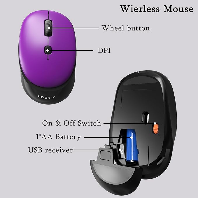 Colorful Wireless Computer Keyboards Mouse Combos (Black Purple) | UBOTIE Polychrome Round Keycaps Retro PC keyboards 2.4GHz Radio Frequency Connection With Optical Mouse Power Switch - Image 5
