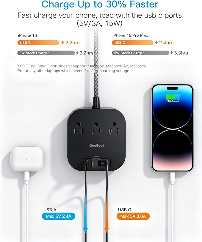 One Beat Power Strip with USB C, 3 Outlets 4 USB Ports, 10ft Braided Extension Cord, 22.5W Desktop Charging Station, Flat Plug, Non Surge Protector, Home Office Travel Cruise, ETL Listed, Black - Image 3