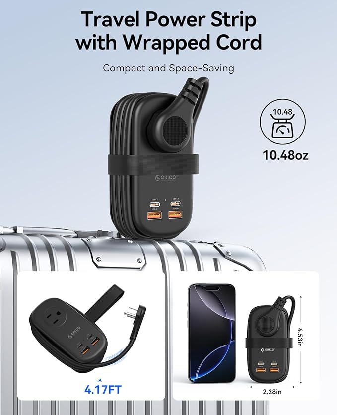 ORICO 65W GaN Travel Power Strip with Flat Plug and 4FT Extension Cord | 7-in-1 Charging Ports (3 AC Outlets/2 USB-A/2 USB-C), Fast Charger for MacBook Pro/Air, iPad Pro, iPhone 17/16/15- AP3 - Image 4
