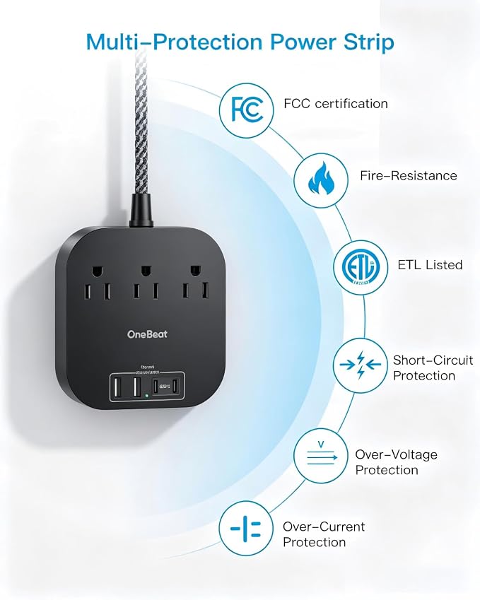 One Beat Power Strip with USB C, 3 Outlets 4 USB Ports, 6ft Short Braided Extension Cord, 22.5W Desktop Charging Station, Flat Plug, Non Surge Protector, Cruise Ship Travel Compact, ETL Listed, Black - Image 4