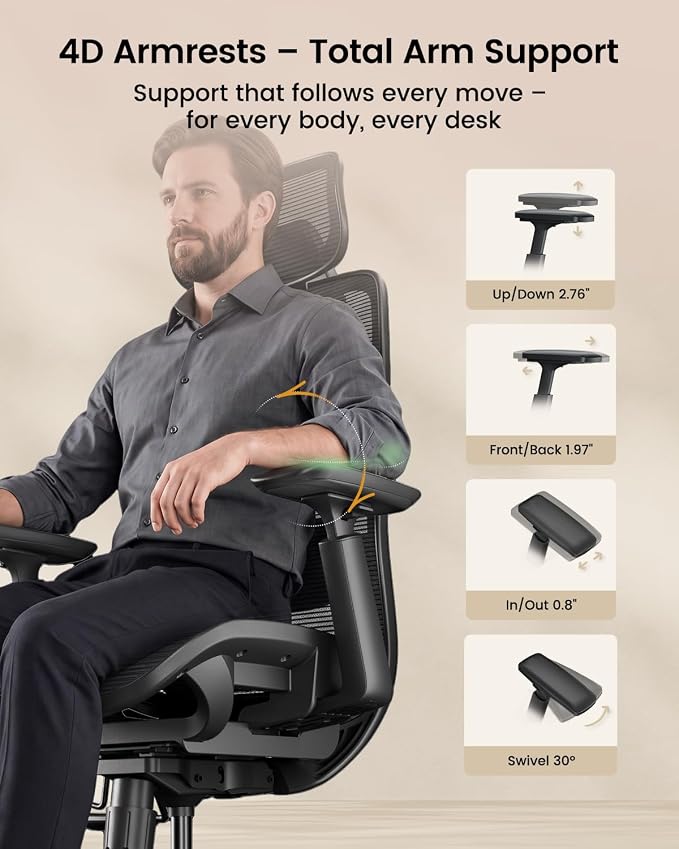 ProtoArc EC200 Pro Ergonomic Mesh Office Chair for Remote Work, Black | 4D Armrests, Adjustable Lumbar & Seat Depth, 3D Headrest, Ergonomic Desk Chair for Home Office Programmers - Image 5