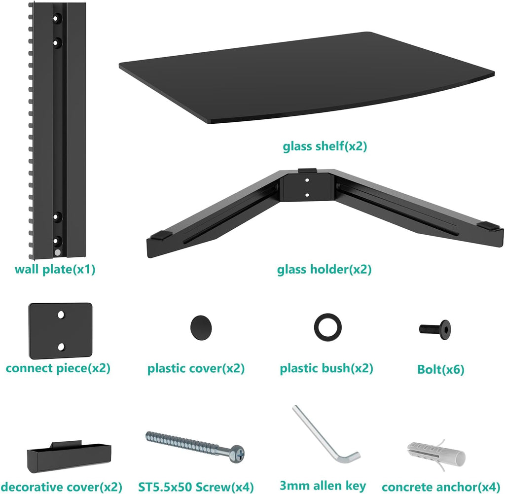 WALI 2 Tier Glass Floating TV Wall Shelf for Projector, DVD Players - Image 9