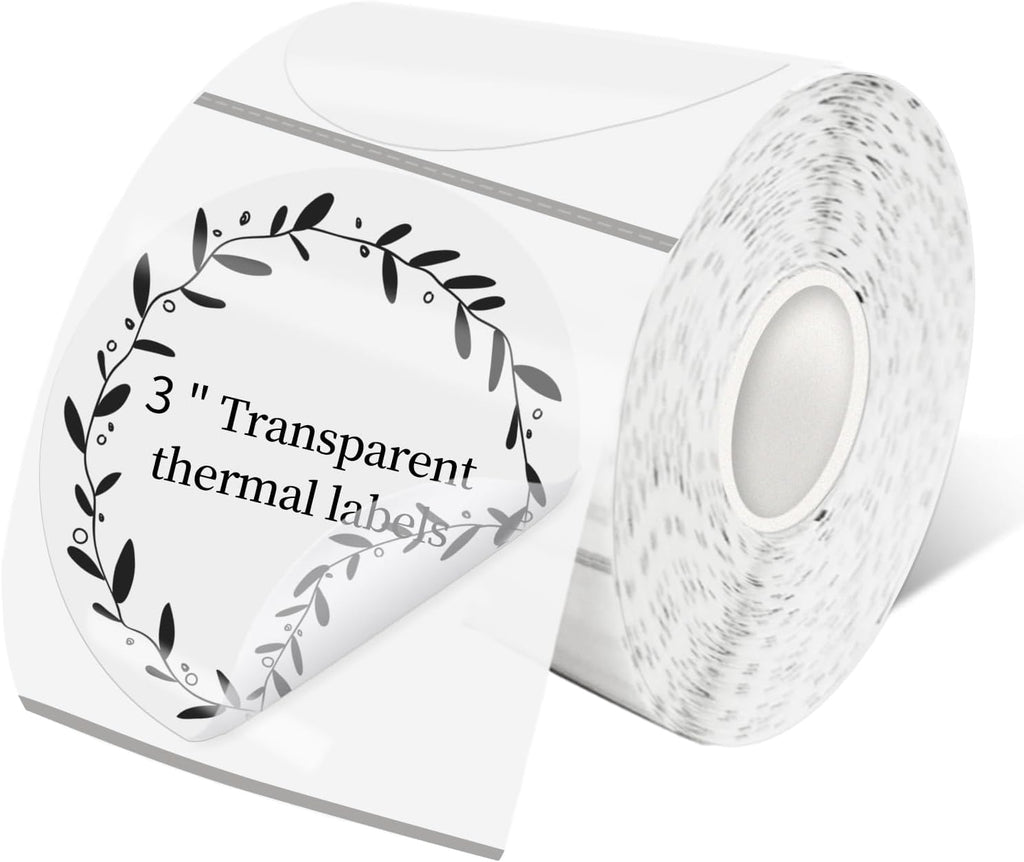 3 Inch Transparent Round Thermal Label, Self-Adhesive Clear Waterproof Circle Sticker for Logo Design, Multipurpose Direct Thermal Labels, 300 Sheets/1 Roll by Yeachlaing