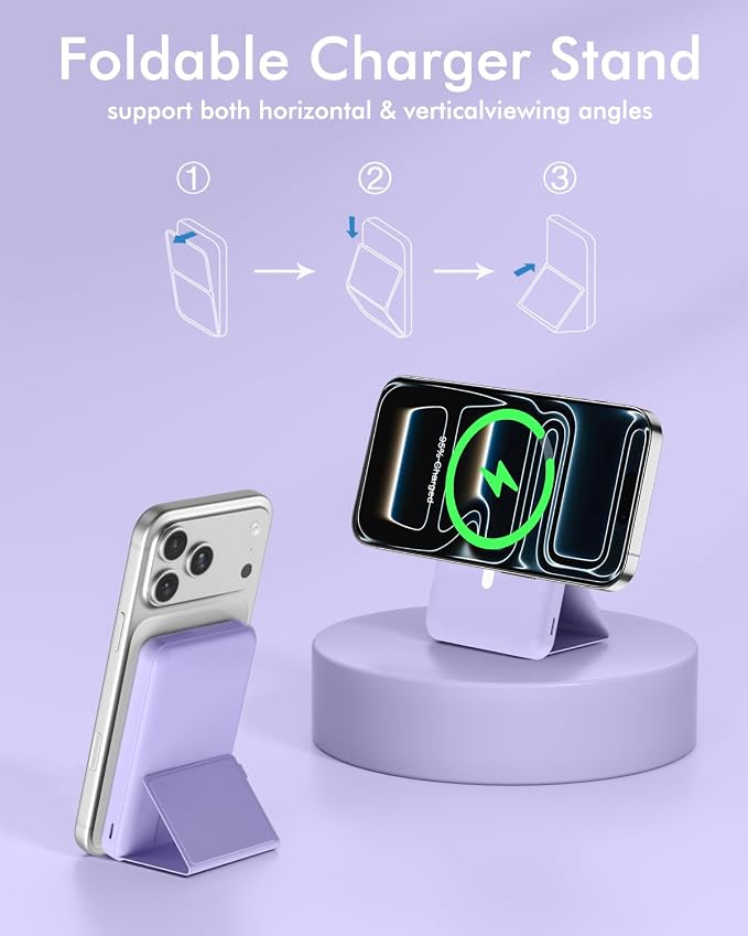podoru for MagSafe Power Bank 10000 mAh, Foldable Magnetic Portable Charger | 22.5W PD Fast Charging, with USB-C Cable LED Display, Wireless Battery Pack for iPhone 17/16/15/14/13/12 Series-Light Purple - Image 4