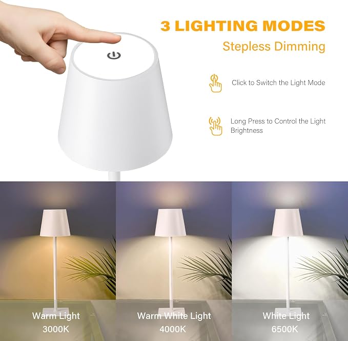 CHLORANTHUS 2 Pack Cordless Table Lamps, 3 Colors Stepless Dimming, 5000mAh Rechargeable Battery LED Desk Lamp for Bedroom/Couple Dinner/Desk/Cafe/Dining Room/Terrace - Image 3