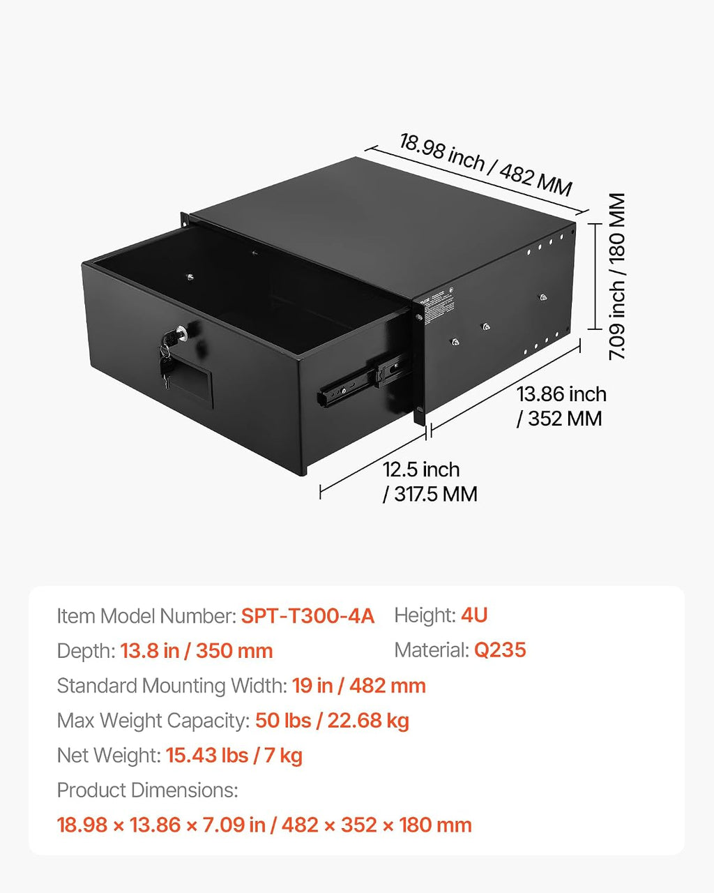 VEVOR 4U Rack Mount Drawer, Lockable Server Cabinet Case, 13.8'' Depth - Image 7