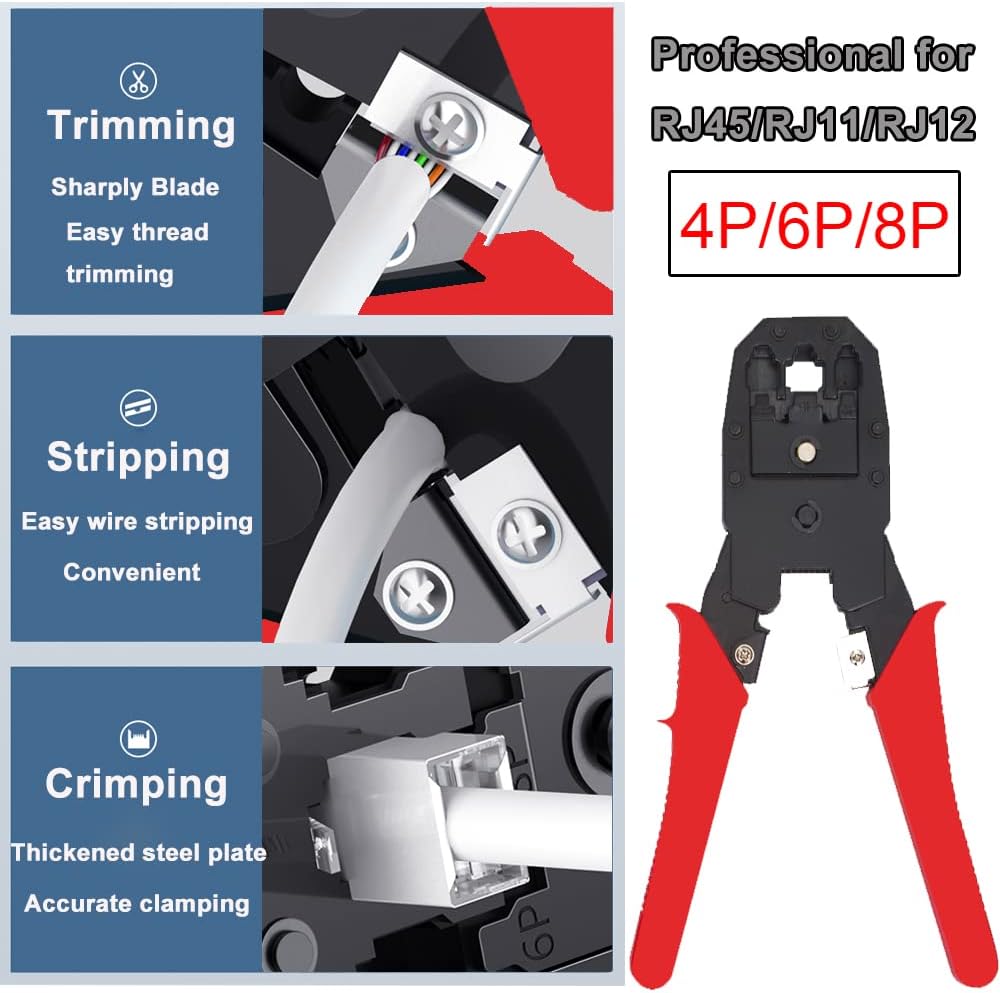 LEATBUY Network Crimp Tool Set RJ45 for RJ11/RJ12 Cat5/Cat5e/Cat6 Crimping Tool for Ethernet LAN Cable Tester Crimper Tools with 50PCS Connectors, 50PCS Covers Wire Stripper Kit (RED) - Image 6