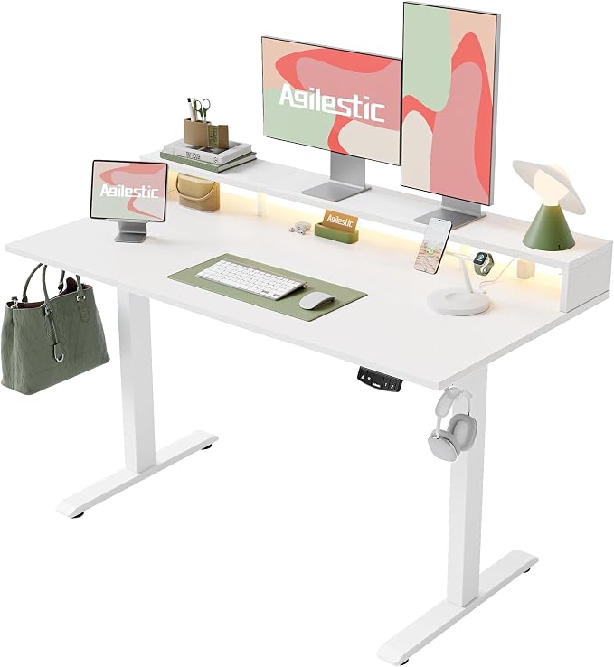 Agilestic 63 * 24 Inch Electric Standing Desk with Shelf & Led, White | Electric Height Adjustable, Outlets&Led, Monitor Stand, Sturdy Steel Frame, Memory Presets, Hooks, 154 lbs, Splice Board by Agilestic