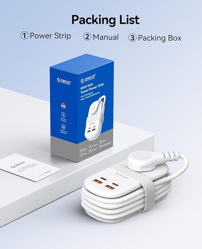 ORICO 65W GaN Travel Power Strip with Flat Plug and 4FT Extension Cord | 7-in-1 Charging Ports (3 AC Outlets/2 USB-A/2 USB-C), Fast Charger for MacBook Pro/Air, iPad Pro, iPhone 17/16/15- AP3 - Image 9