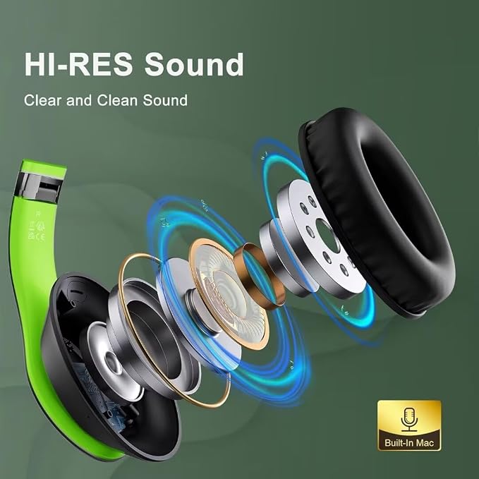 Wireless Bluetooth Headphones Over Ear V6.0 HiFi Stereo with Mic | 65H Playtime 6EQ Modes Foldable Bluetooth Headset with Microphone for Travel Smartphone Computer Laptop Green - Image 3