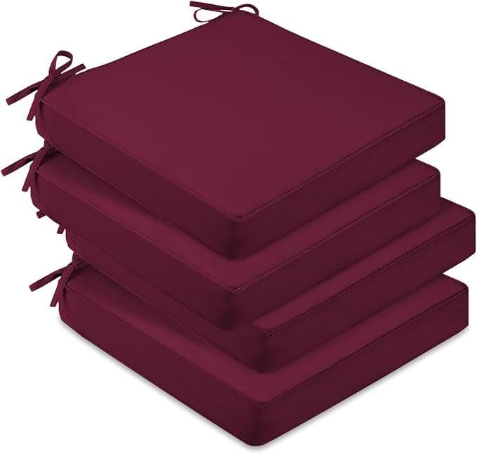 downluxe Waterproof Outdoor Chair Cushions Set of 4, 19" x 19" x 3" Patio Chair Cushion with Non-Slip Ties & Handle, Square Outdoor Cushion for Patio Furniture with Removable Cover, Burgundy by Downluxe
