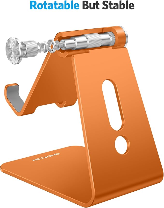 OMOTON Adjustable Cell Phone Stand, Aluminum Desktop Cellphone Stand with Anti-Slip Base and Convenient Charging Port, Fits All Smart Phones, Orange | Sturdy 3mm Aluminum, Charging Port, 270° Adjustable, Non-Slip Silicone Pads, Works with Thick Cases, ... - Image 7