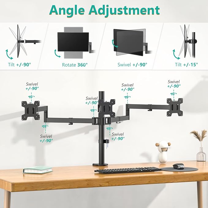 WALI Adjustable Triple Monitor Mount for 13-27 inch Screens, 22 lbs per Arm | 3 Monitor Desk Mount, Full Motion with Tilt, Swivel, Rotation, C-Clamp & Grommet Base, VESA 75/100mm (M003S), Black - Image 4