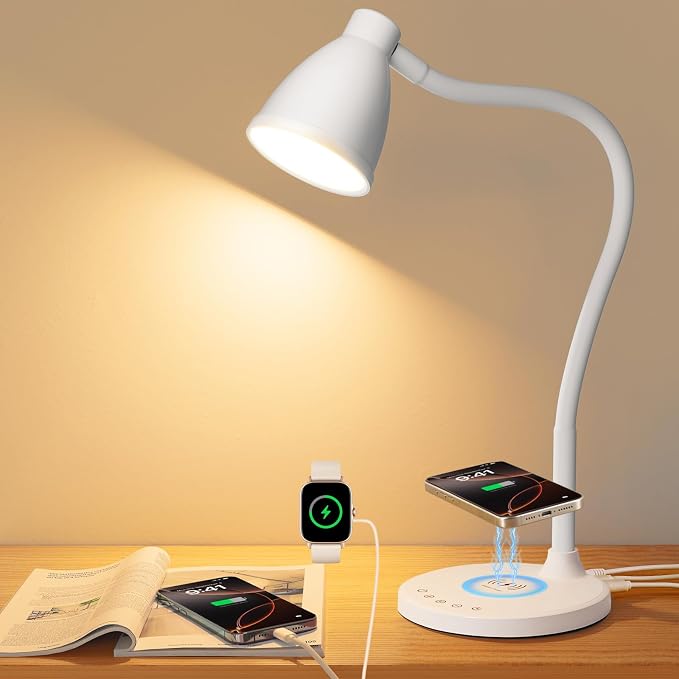 BOHON LED Desk Lamp for Home Office with USB C Charging Wireless Charger | 5 Colors, Stepless Dimming Desk Light Timer Reading Light Touch Bedside Table Lamp for College Dorm Room by BOHON