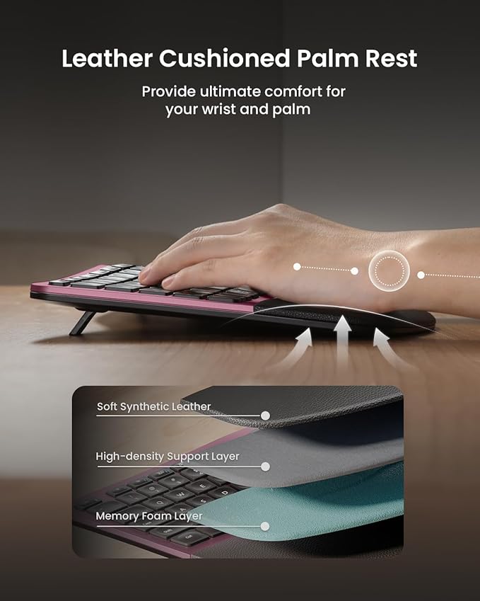 ProtoArc EKM01 Plus Wireless Ergonomic Keyboard Mouse Combo - Wine Red | Full-size Split Keyboard with Cushioned Wrist Rest, Ergonomic Mouse, 3-Device Bluetooth/2.4G, USB-C Rechargeable - Image 3