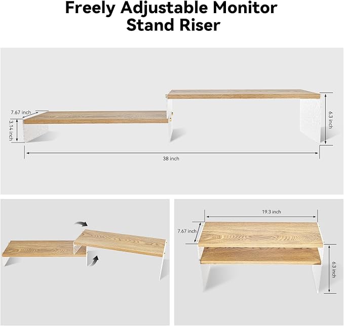 YGYQZ Adjustable Monitor Stand Riser, 7.67"×19.3" Dual Monitor Desk Stand | Adjustable Monitor Riser, Expandable Desk Organizer, 2-Tier Storage, Acrylic Legs, Ergonomic Workspace, Wood Glacial Striae - Image 2