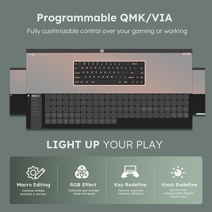 RK ROYAL KLUDGE R65 Wireless Mechanical Keyboard, 60% Keyboard with Knob | Tri-Mode 2.4G/USB-C/Bluetooth, QMK/VIA Custom Keyboard with 66 Keys and CNC Metal Knob, Hot Swappable, Cream Switch, Green - Image 8