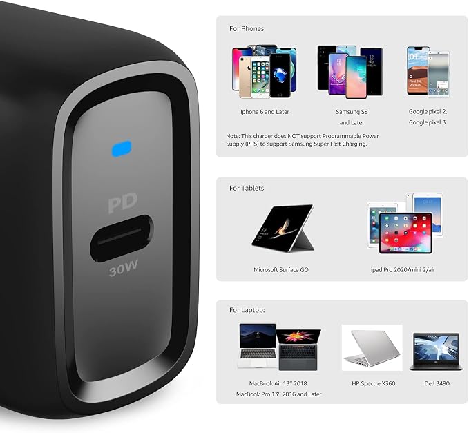 Amazon Basics 30W One-Port Foldable GaN USB-C Wall Charger with Power Delivery PD for Tablets & Phones (iPhone 16/15/14/13/12/11/X, iPad, Samsung, and More), Compact Travel Charger, Non-PPS, Black - Image 4
