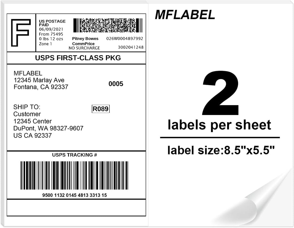 MFLABEL Half Sheet Shipping Labels - 8.5" x 5.5" Adhesive Packaging Labels for Laser & Inkjet Printers, 50 Self-Adhesive Stickers (25 Sheets) for Boxes, Mail, FBA & DIY Projects by MFLABEL