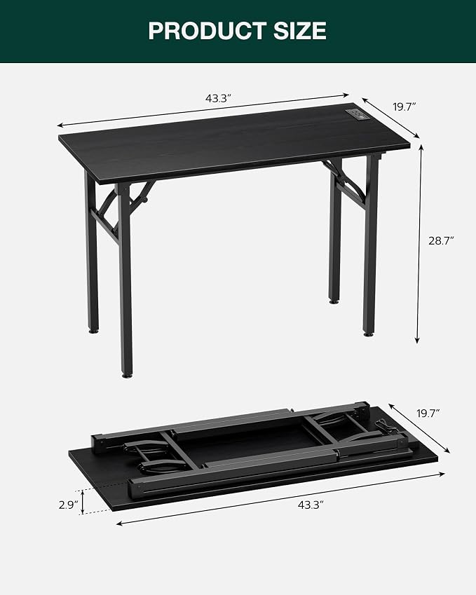 Small Folding Computer Desk – 43.3 Inch Portable Table for Craft and Study, Lightweight Desk for Small Spaces, Foldable Laptop Table Built-in AC/USB Outlets for Convenience, Dark Oak - Image 2