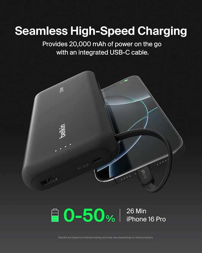 Belkin 20000mAh 30W USB C Power Bank, Portable Charger for iPhone & iPad | Fast Charging, Integrated USB C Cable, Eatra USB C Port, iPhone 17, iPad, Samsung Galaxy S26, Charge 2 Devices - Image 5