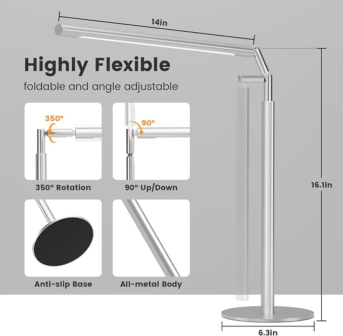 Silver LED Desk Lamp, 16" Dimmable Metal Desk Light with Base, 15W 1200LM, Adapter Included, Color & Brightness Adjustable, Modern Tall Table Lamp for Home Office Reading Study Task Laptop - Image 4